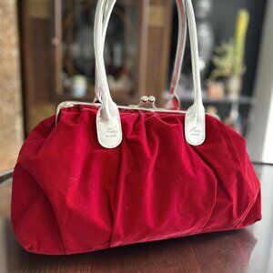 Retro Nina Ricci Red Velvet Kisslock Handbag with Apple-Embossed Silver Handles